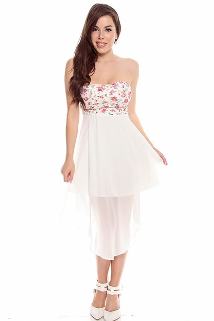high low dress,strapless high low dress,floral high low dress,white high low dress,high low maxi dress